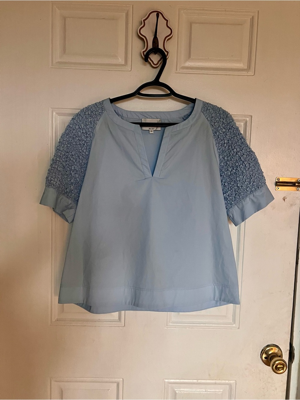 Patty Kim | Light Blue Women's Short Sleeve Blouse with Textured Sleeves